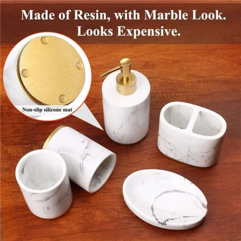Bathroom Accessories Set, 5 Pcs Marble Look Bathroom Sets for Counter